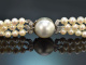 Around 1960! A exquisite 3-strand long Akoya pearl necklace in a gradient of 585 gold