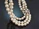 Frankreich um 1880 und 1960! Edle 3reihige Akoya Perlenkette mit 2,7 ct Diamanten Gold 750