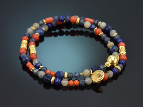 Ancient Chic! Fancy Armband Koralle Lapislazuli Labradorit Iolith und Silber 925 vergoldet