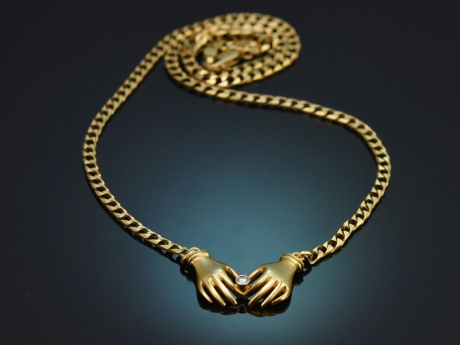 Um 1980! Seltene Statement Kette mit zwei H&auml;nden und Brillant aus Gold 750