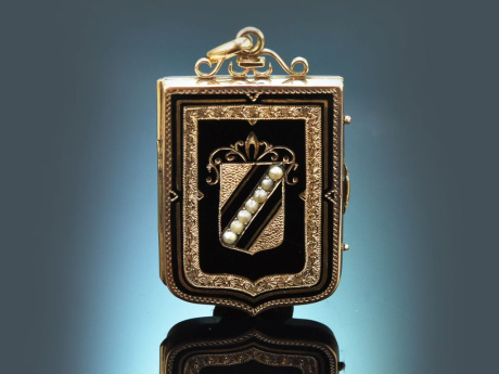 S&uuml;ddeutsch um 1880! Seltener Medaillon Anh&auml;nger mit Saatperlen und Emaille aus Gold 585