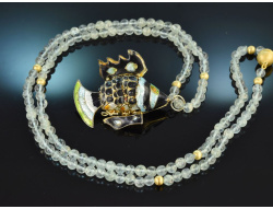 Around 1970! Enameled fish pendant on a long aquamarine...