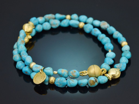 Summer Blue! Feines 2reihiges T&uuml;rkis Armband mit vergoldetem Sterling Silber
