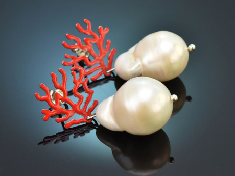 Coral Reef! Stylish earrings with baroque cultured pearls and red enamel, 925 silver