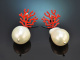 Coral Reef! Stylish earrings with baroque cultured pearls and red enamel, 925 silver