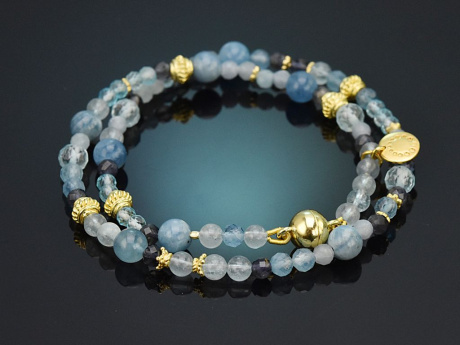 Soft Blue! Fancy bracelet with aquamarine, topaz, iolite and angelite, made from gold-plated silver