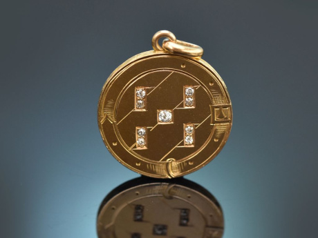 Um 1900! Medaillon Anh&auml;nger mit Altschliff Diamanten aus Gold 750