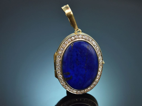 Hamburg um 1985! Feiner Medaillon Anh&auml;nger mit Diamanten und Lapislazuli aus Gold 585