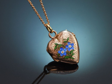 S&uuml;ddeutsch um 1900! Vergissmeinnicht Herz Medaillon Anh&auml;nger mit Kette Gold 585 und 333