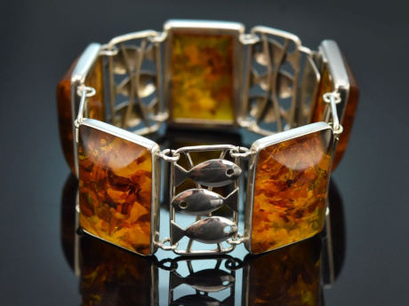 Fischland um 1950! H&uuml;bsches Polybern-Bernstein Armband aus Silber 835