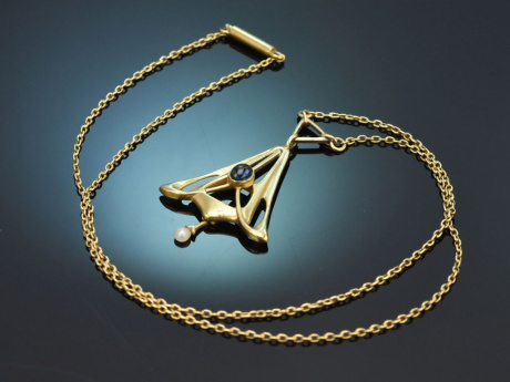 Um 1900! H&uuml;bsches Jugendstil Collier mit Saphir und Saatperle aus Gold 585
