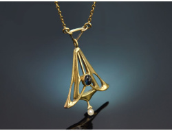 Um 1900! H&uuml;bsches Jugendstil Collier mit Saphir und...