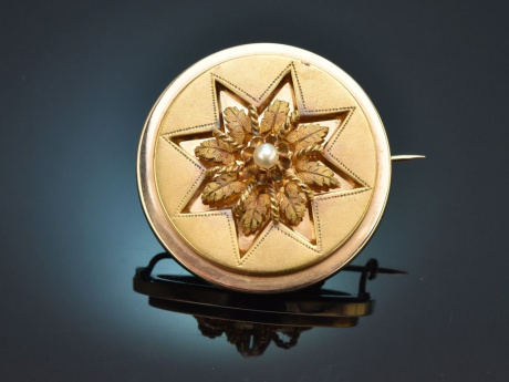S&uuml;ddeutsch um 1860! Sch&ouml;ne Biedermeier Brosche mit Saatperle aus Gold 585