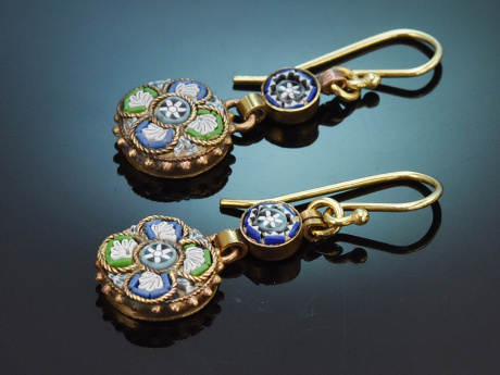 Neapel um 1890! Historische Mikromosaik Ohrringe aus Gold 333 und Tombak