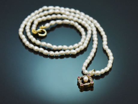Um 1890! Zartes Perlencollier mit Diamant-Rubin Anh&auml;nger aus Gold 585