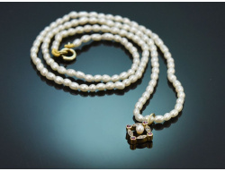 Um 1890! Zartes Perlencollier mit Diamant-Rubin...