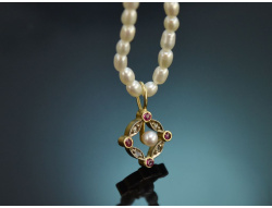 Um 1890! Zartes Perlencollier mit Diamant-Rubin...