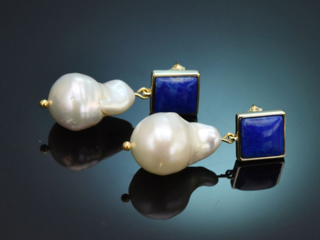 Modern Baroque pearl earrings with lapis lazuli and gold-plated 925 silver