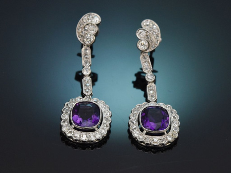 Um 1930! Edle Ohrringe mit Diamanten und Amethysten aus Wei&szlig;gold 585