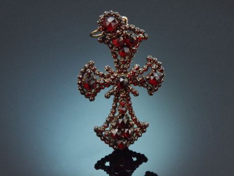 Circa 1850! Rare garnet traditional costume cross pendant made of gold-plated tombac
