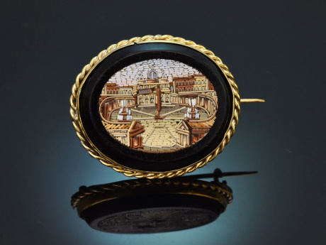 Rom um 1880! Sch&ouml;ne Mikromosaik Brosche mit St. Peter aus vergoldetem Silber