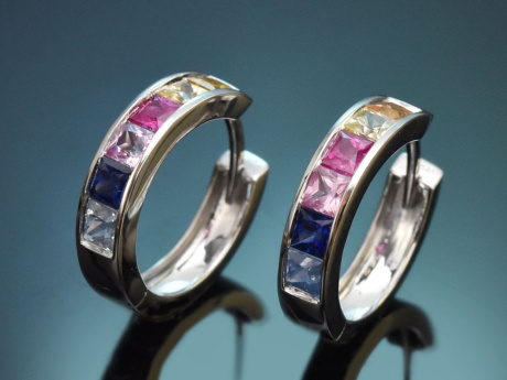 Regenbogen Creolen mt feinen bunten Saphiren aus Wei&szlig;gold 585