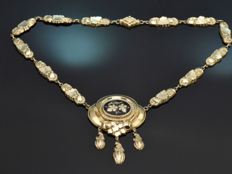 Um 1860! Sch&ouml;ne Biedermeier Kette aus vergoldetem Silber mit Emaille Dekor