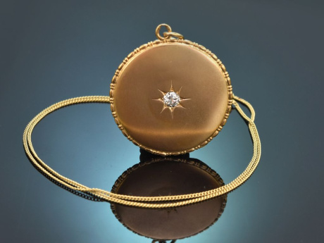M&uuml;nchen um 1890! Antiker Medaillon Anh&auml;nger mit Kette 0,2 ct Altschliffdiamant Gold 585