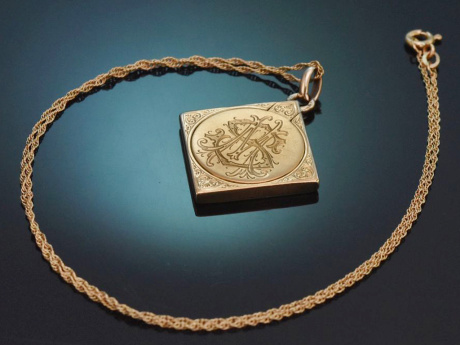 N&uuml;rnberg um 1880! Monogrammierter "MS" Medaillon Anh&auml;nger mit Kette aus Rotgold 585