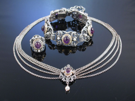 Trachtenset Collier Armband und Ring Silber 835 Amethyst Perlen