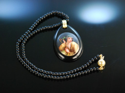 Zur Tracht! Kette mit Porzellan Miniatur um 1840 Onyx und...