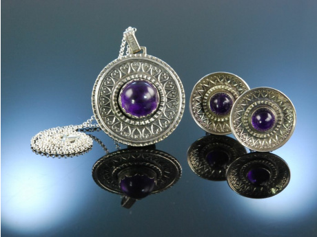 Zur Tracht! Ohrclipse und Anh&auml;nger mit Kette Silber 835 Amethyst um 1930 Blachian