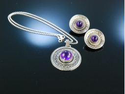 Zur Tracht! Ohrclipse und Anh&auml;nger mit Kette Silber 835 Amethyst um 1930 Blachian