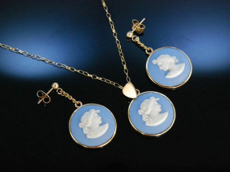 Schmuckset Wedgwood Gold 9 ct Blue Jasper Ohrringe und Anh&auml;nger mit Kette 