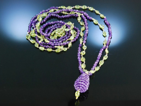 Lange Kette mit Pampel Amethyst Peridot Silber vergoldet