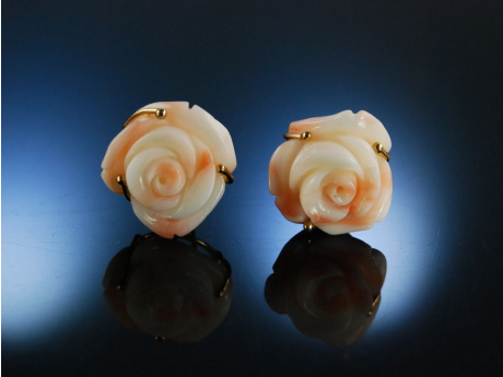 Exquisite Ohrringe Engelshaut  Koralle Rosen Gold 585