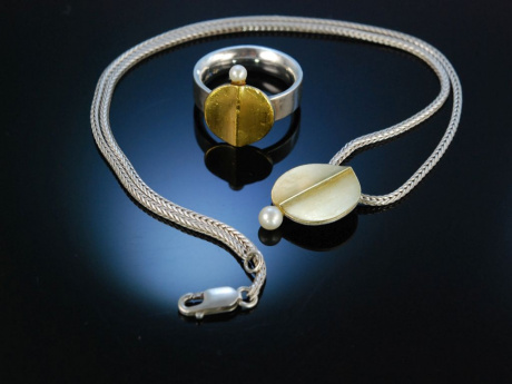 Collier und Ring Silber vergoldet Zucht Perlen Goldschmiedearbeit