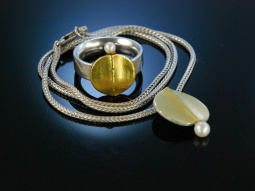 Collier und Ring Silber vergoldet Zucht Perlen Goldschmiedearbeit