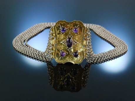 Exquisite Kropfkette Silber vergoldet Amethyste Wien um 1920 7-reihig