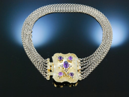 Exquisite Kropfkette Silber vergoldet Amethyste Wien um 1920 7-reihig