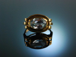 Um 1930! Aparter Ring aquamarinblauer Verneuil Spinell Gold 6 Karat