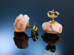 Charmante Rosenbl&uuml;ten! Exquisite gro&szlig;e Engelshaut Korallen Ohrringe Gold 585 coral earrings