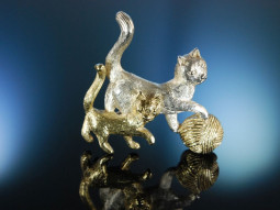Massive Katzen Brosche Silber 925 vergoldet M&uuml;nchen um 1980