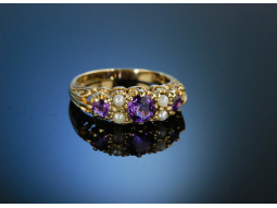 Viktorianisch! Ring Gold 9 ct Amethyst Naturperlen England