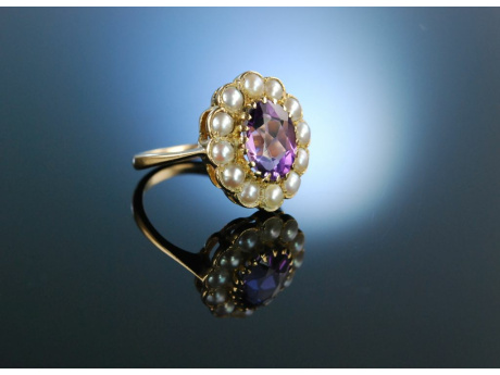 England um 1890! Cluster Ring Gold 9 ct Amethyst Naturperlen