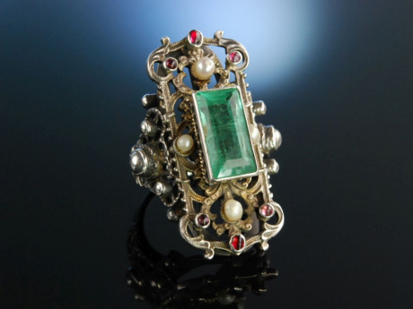 Siebenbürgen um 1900! Großer Ring Silber Smaragd Rubin Flußperlen