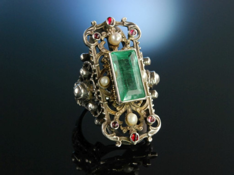 Siebenbrgen um 1900! Groer Ring Silber Smaragd Rubin Fluperlen