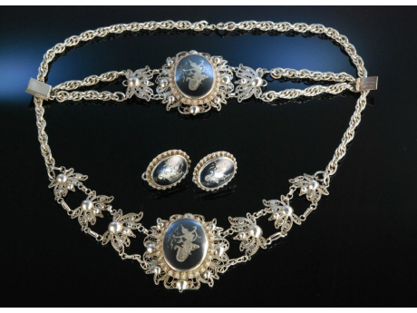 Siam um 1930! Kette Armband Ohrschrauben Silber Niello Dekor 