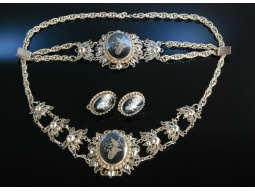 Siam um 1930! Kette Armband Ohrschrauben Silber Niello...