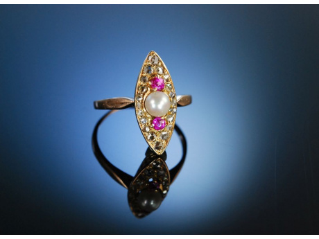 Historischer Ring Rot Gold 585 Diamanten Rubine Perle Frankfurt um 1890
